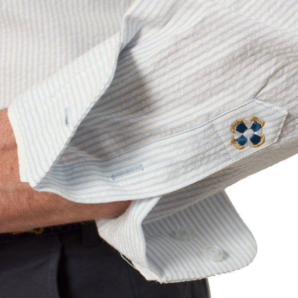 YMC Block-print Cotton Seersucker Overshirt in Blue for Men