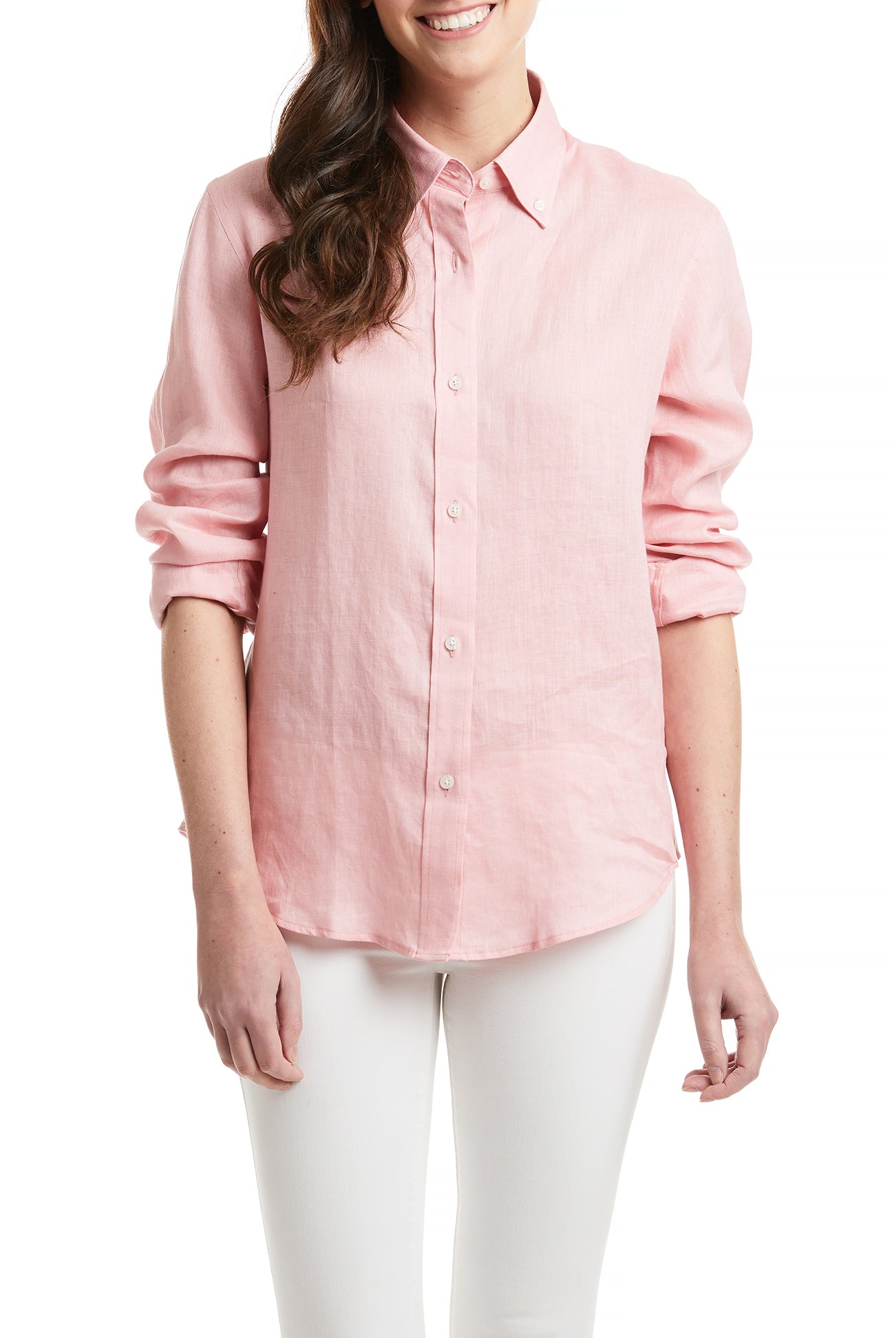 Ladies Summer Button Down Long Seelve Shirt Pink Linen