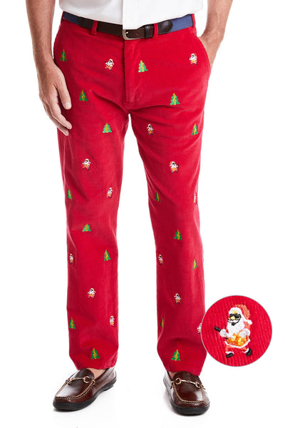 Beachcomber Corduroy Pant Crimson with Rockin' Around the Christmas Tree MENS EMBROIDERED PANTS Castaway Nantucket Island