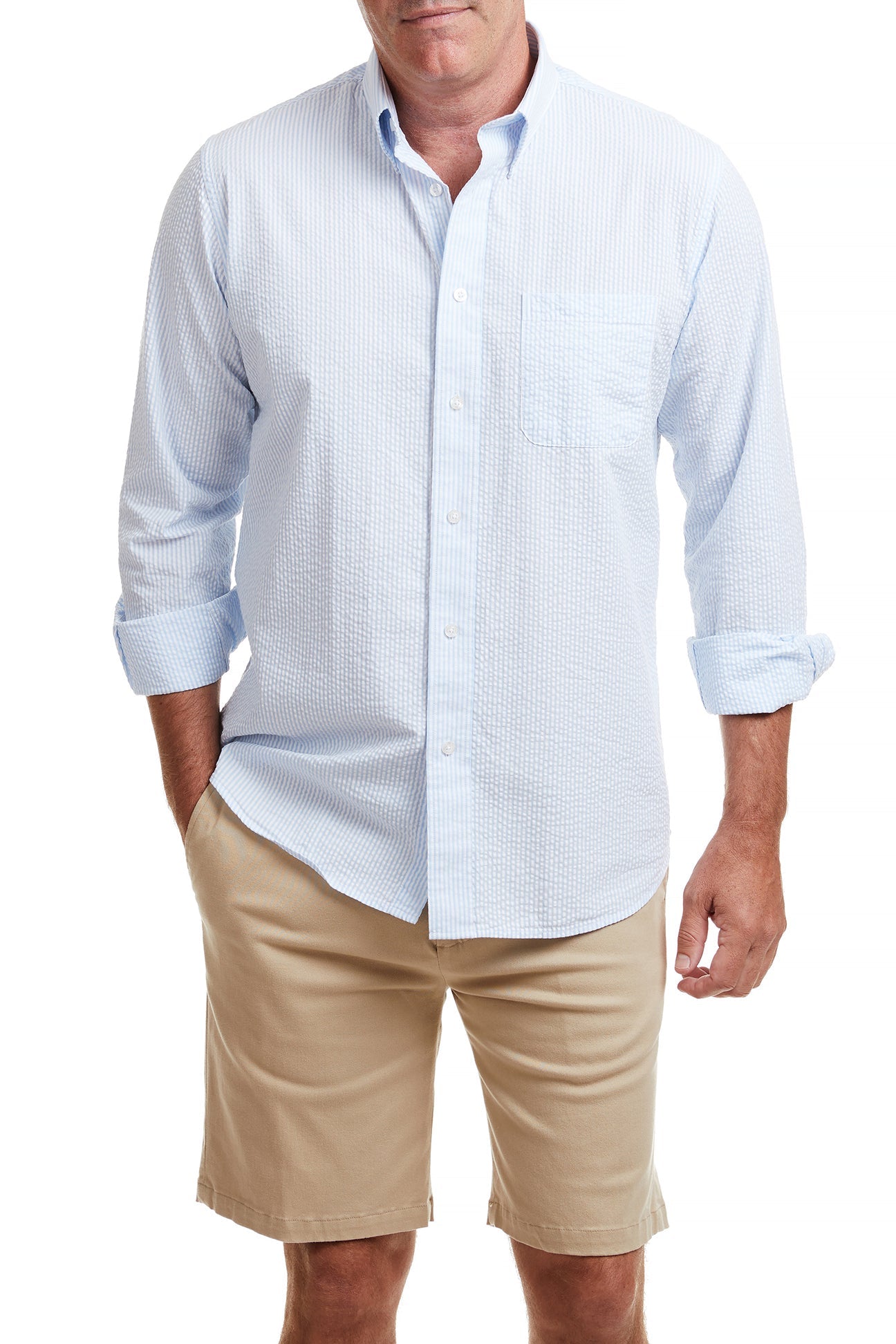 Chase Blue Seersucker Shirt MENS SPORT SHIRTS Castaway Nantucket Island