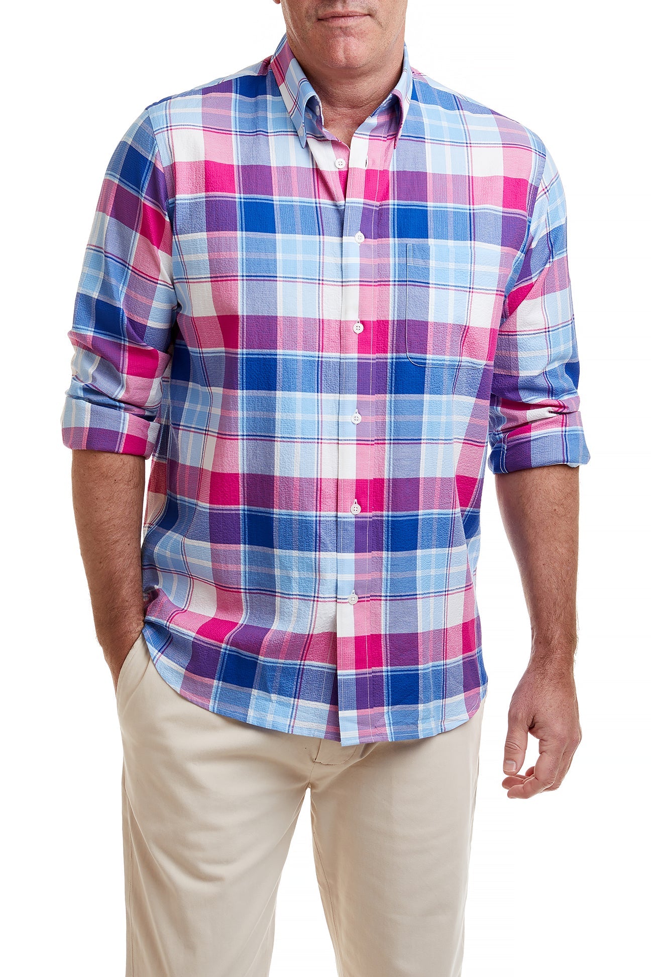 Chase Shirt Blue with Pink Plaid Seersucker MENS SPORT SHIRTS Castaway Nantucket Island