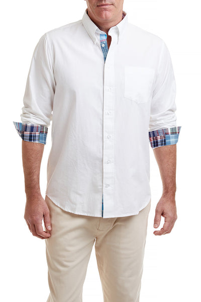 Chase Shirt White Oxford with Seapoint Patch Madras Trim MENS SPORT SHIRTS Castaway Nantucket Island