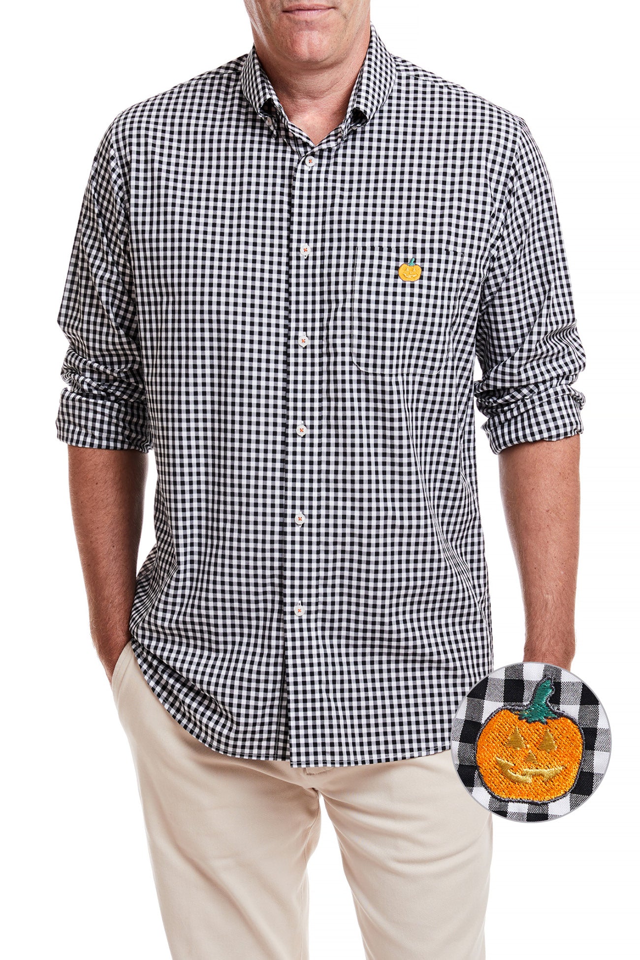 Chase Shirt Wide Gingham Black with Single Jack O'Lantern MENS SPORT SHIRTS Castaway Nantucket Island