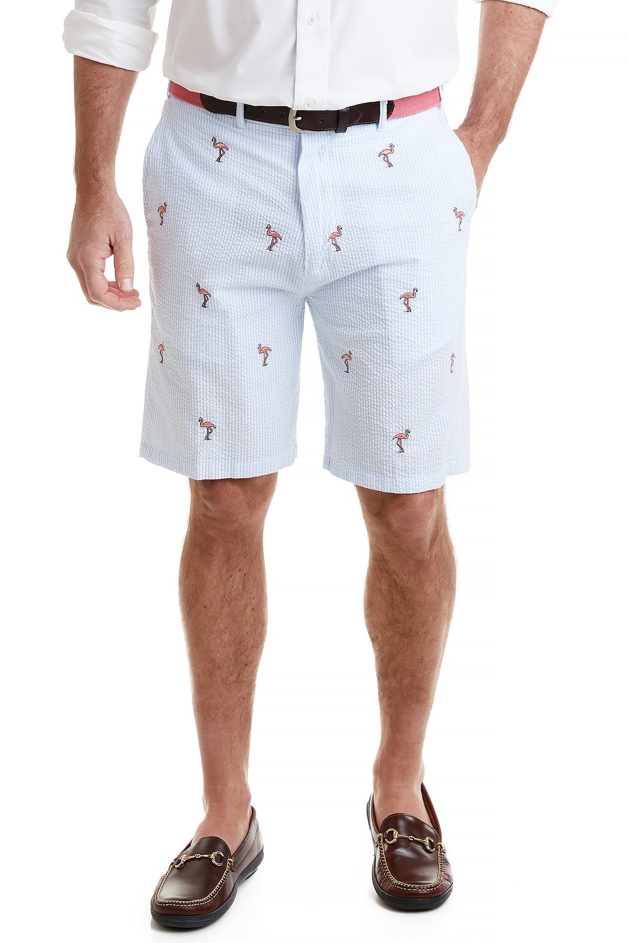 Cisco Short Stretch Twill Blue Seersucker with Flamingo MENS EMBROIDERED SHORTS Castaway Nantucket Island