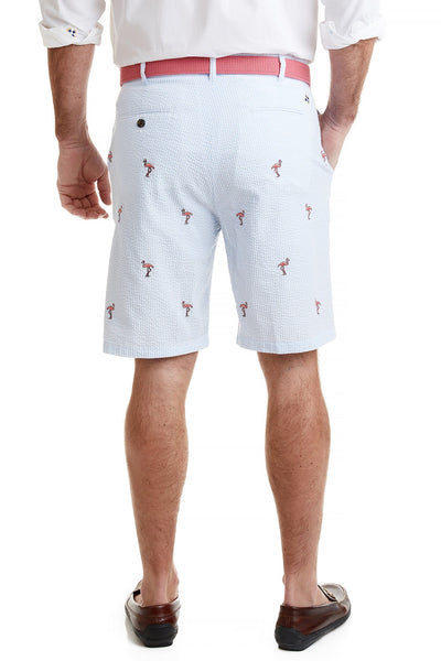 Cisco Short Stretch Twill Blue Seersucker with Flamingo MENS EMBROIDERED SHORTS Castaway Nantucket Island