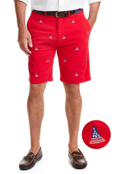 Cisco Short Stretch Twill Bright Red with Americana Christmas Tree MENS EMBROIDERED SHORTS Castaway Nantucket Island