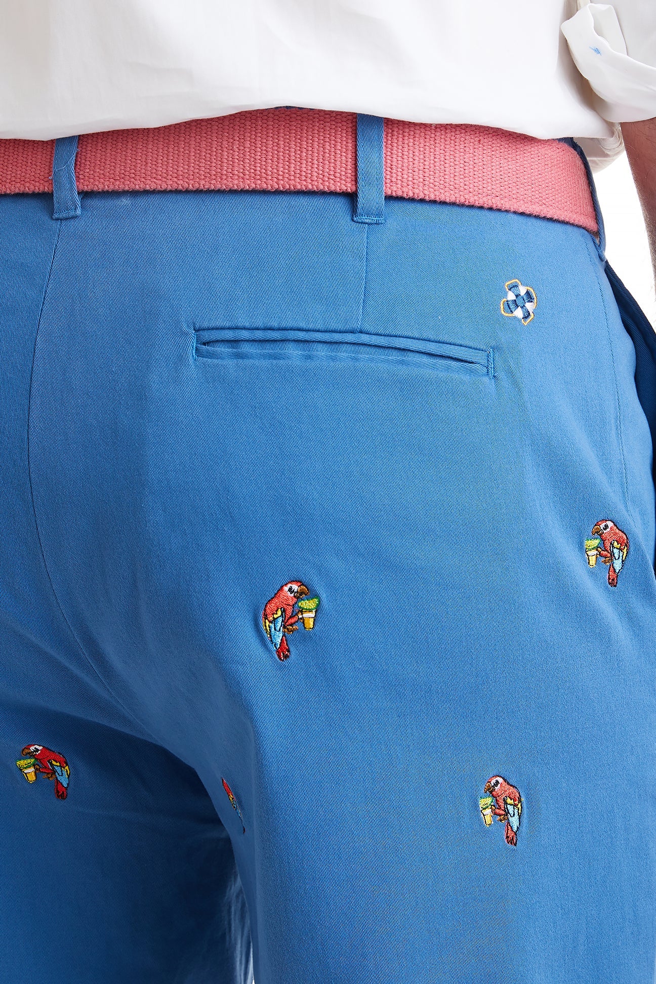 Cisco Short Stretch Twill Deep Ocean Blue with Party Parrot MENS EMBROIDERED SHORTS Castaway Nantucket Island