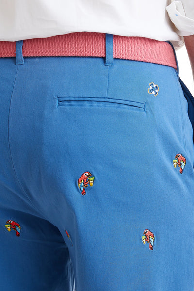 Cisco Short Stretch Twill Deep Ocean Blue with Party Parrot MENS EMBROIDERED SHORTS Castaway Nantucket Island