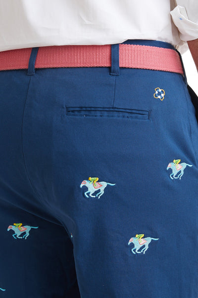 Cisco Short Stretch Twill Nantucket Navy with Racing Horses MENS EMBROIDERED SHORTS Castaway Nantucket Island