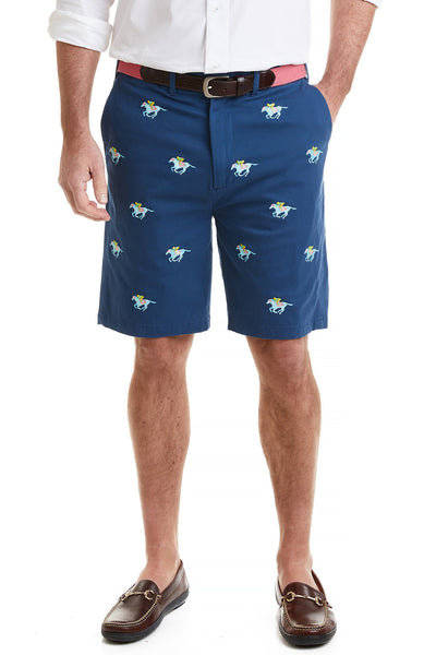 Cisco Short Stretch Twill Nantucket Navy with Racing Horses MENS EMBROIDERED SHORTS Castaway Nantucket Island