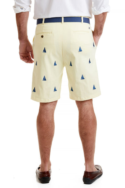 Cisco Short Stretch Twill Neon Yellow with Sailboat MENS EMBROIDERED SHORTS Castaway Nantucket Island