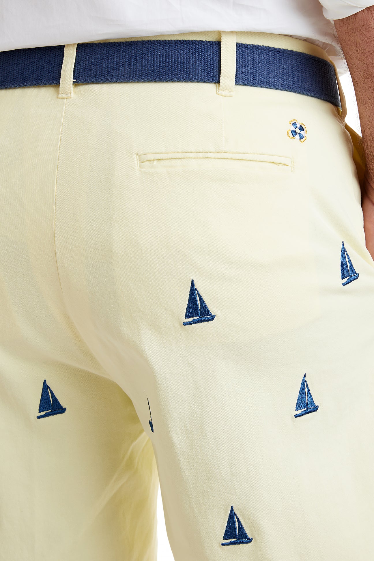 Cisco Short Stretch Twill Neon Yellow with Sailboat MENS EMBROIDERED SHORTS Castaway Nantucket Island