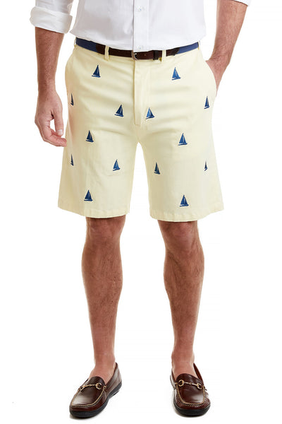 Cisco Short Stretch Twill Neon Yellow with Sailboat MENS EMBROIDERED SHORTS Castaway Nantucket Island