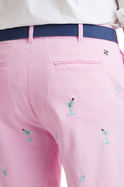 Cisco Short Stretch Twill Pink with Martini & Shaker MENS EMBROIDERED SHORTS Castaway Nantucket Island