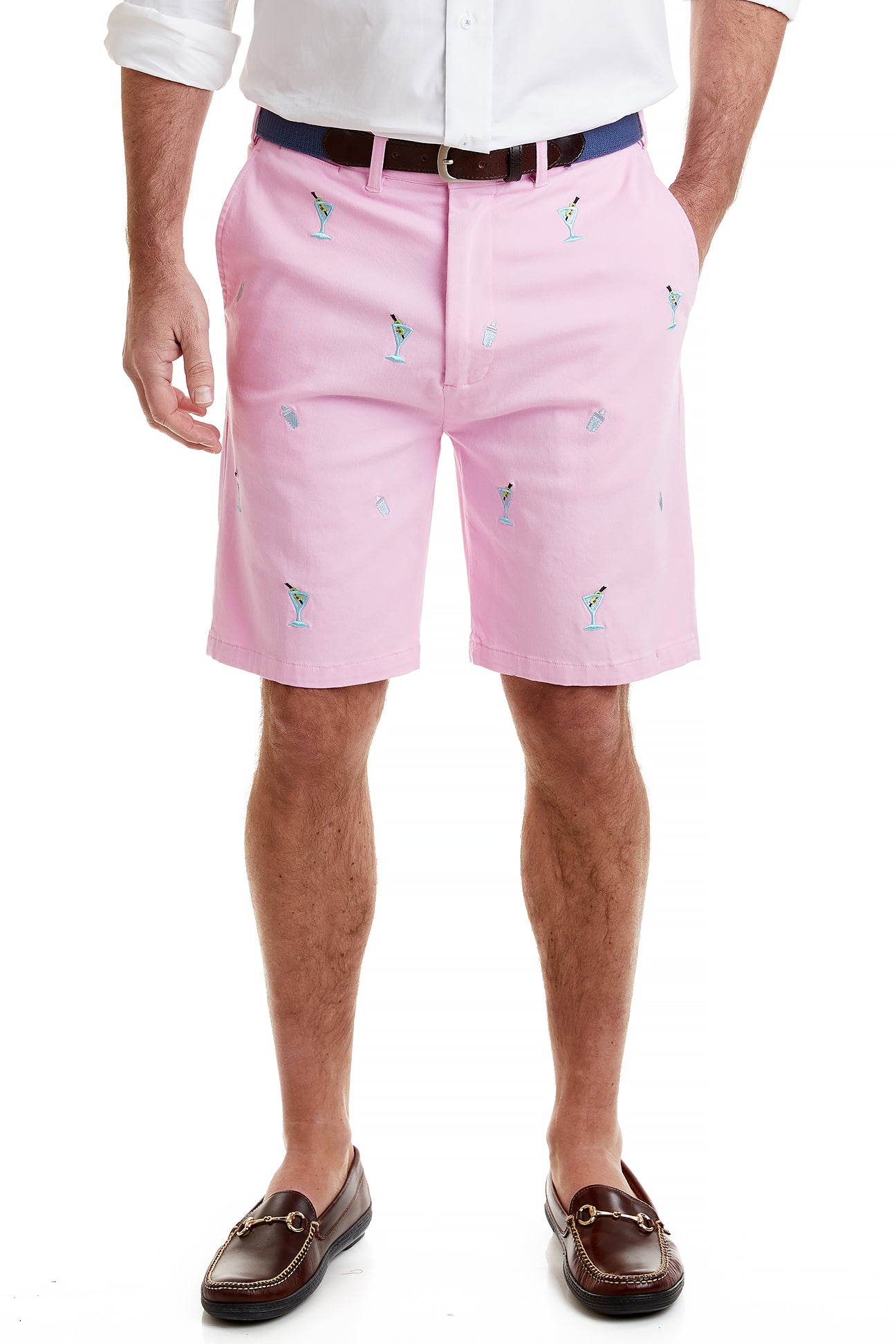 Cisco Short Stretch Twill Pink with Martini & Shaker MENS EMBROIDERED SHORTS Castaway Nantucket Island