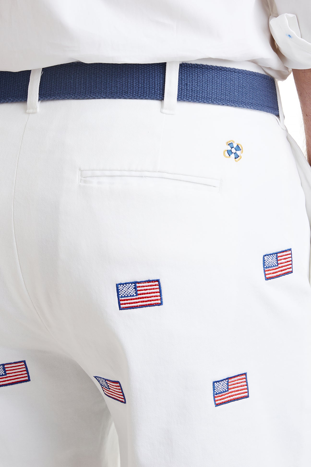 Cisco Short Stretch Twill White with American Flag MENS EMBROIDERED SHORTS Castaway Nantucket Island