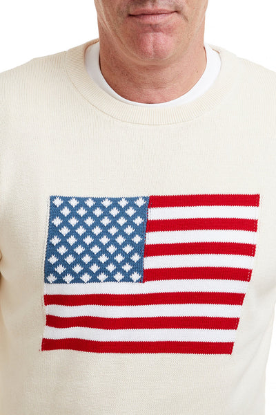 Crew Neck Sweater Cream With American Flag MENS OUTERWEAR Castaway Nantucket Island