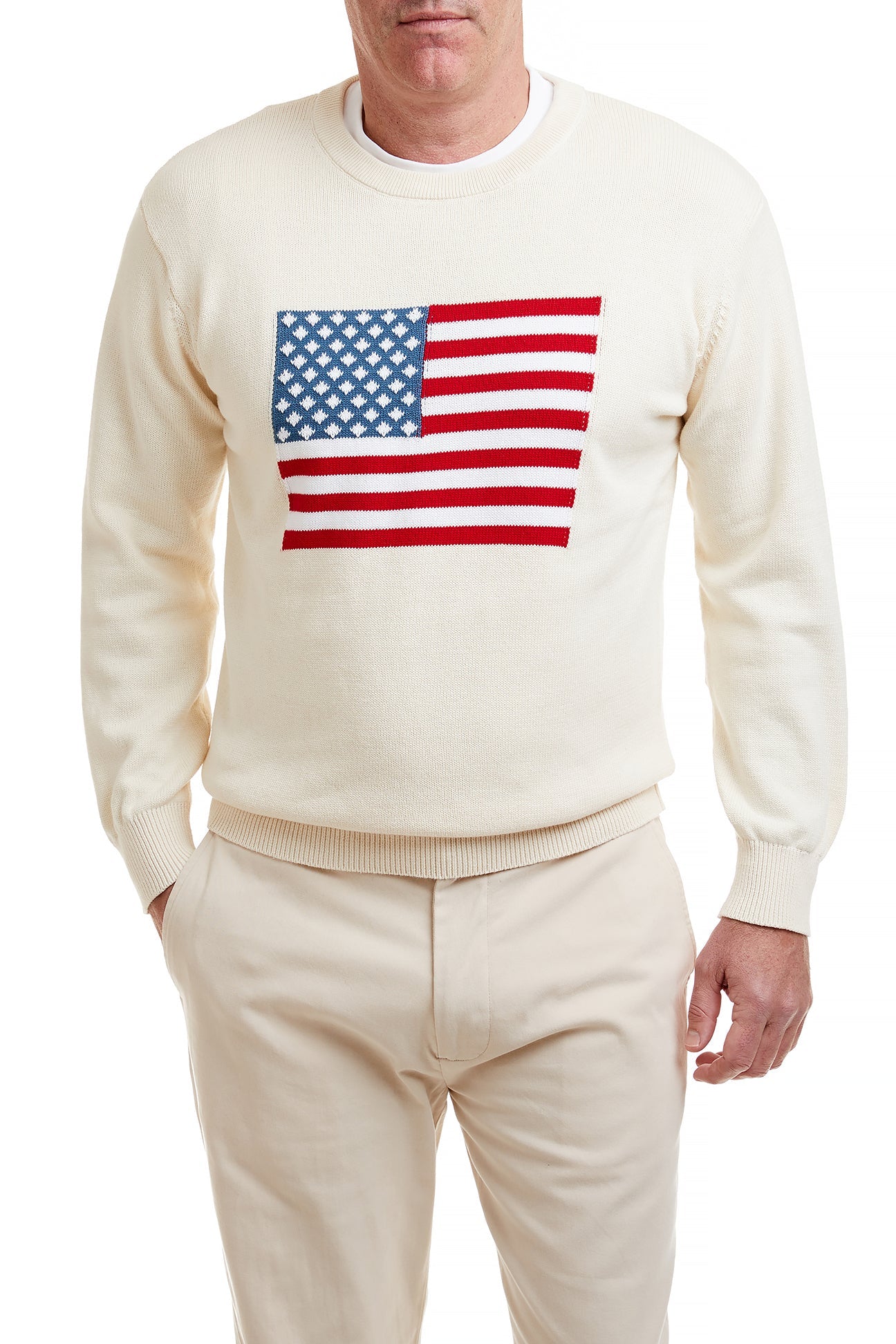 Crew Neck Sweater Cream With American Flag MENS OUTERWEAR Castaway Nantucket Island