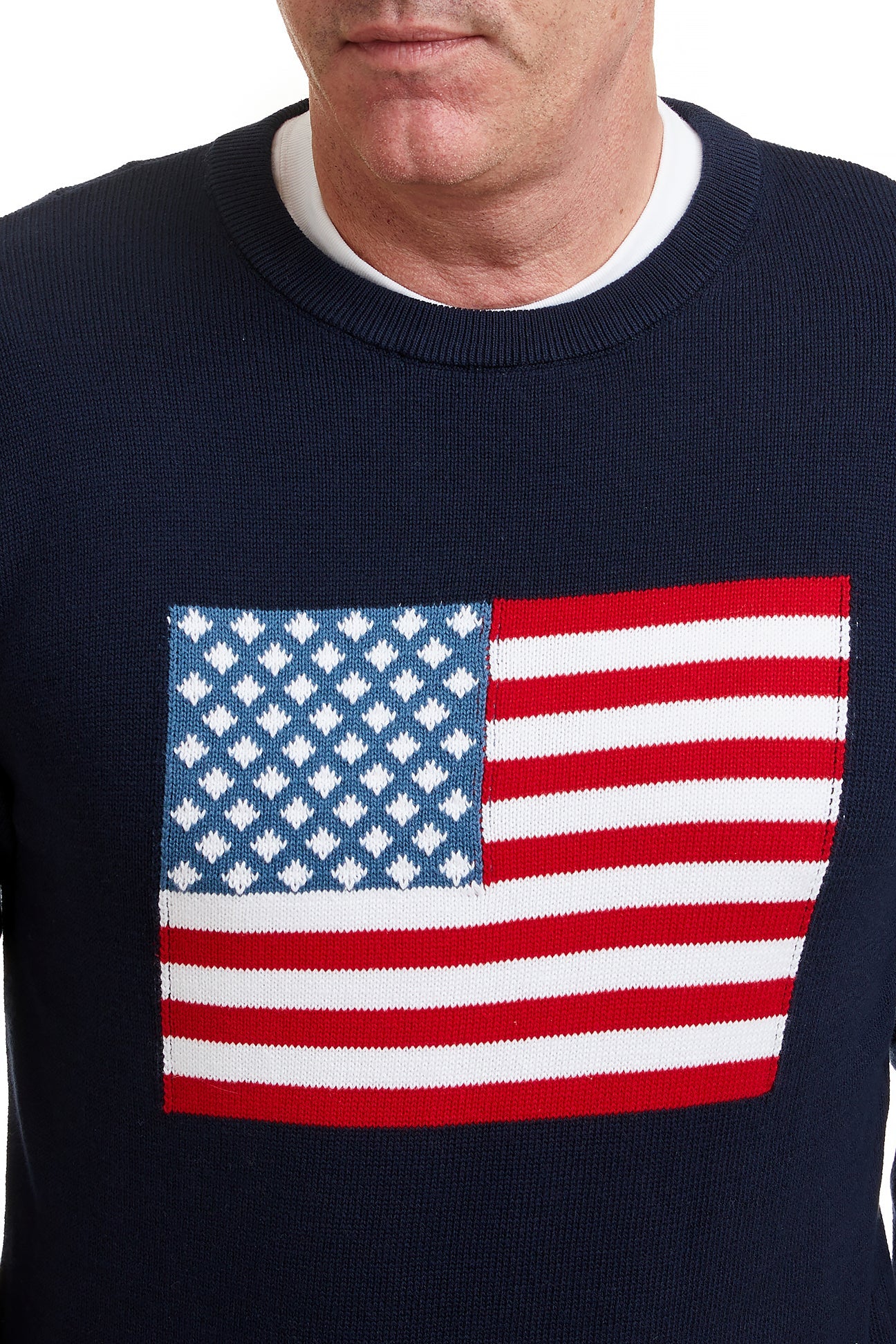 Crew Neck Sweater Navy with American Flag MENS OUTERWEAR Castaway Nantucket Island