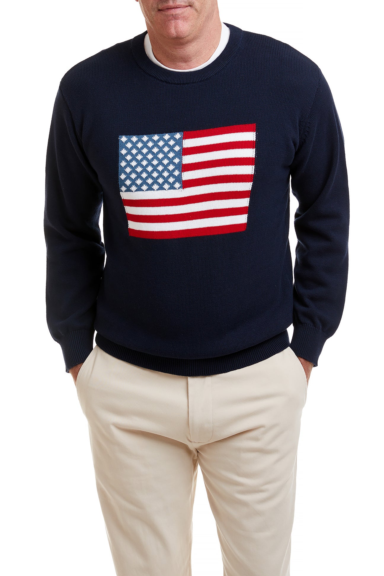 Crew Neck Sweater Navy with American Flag MENS OUTERWEAR Castaway Nantucket Island