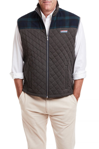 Cross Rip Quilted Vest Charcoal with Blackwatch Trim MENS OUTERWEAR Castaway Nantucket Island