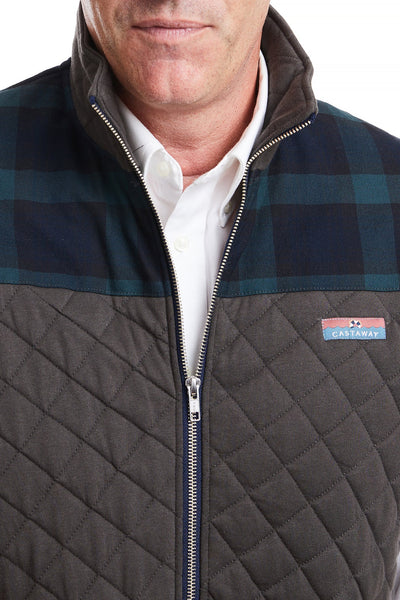 Cross Rip Quilted Vest Charcoal with Blackwatch Trim MENS OUTERWEAR Castaway Nantucket Island