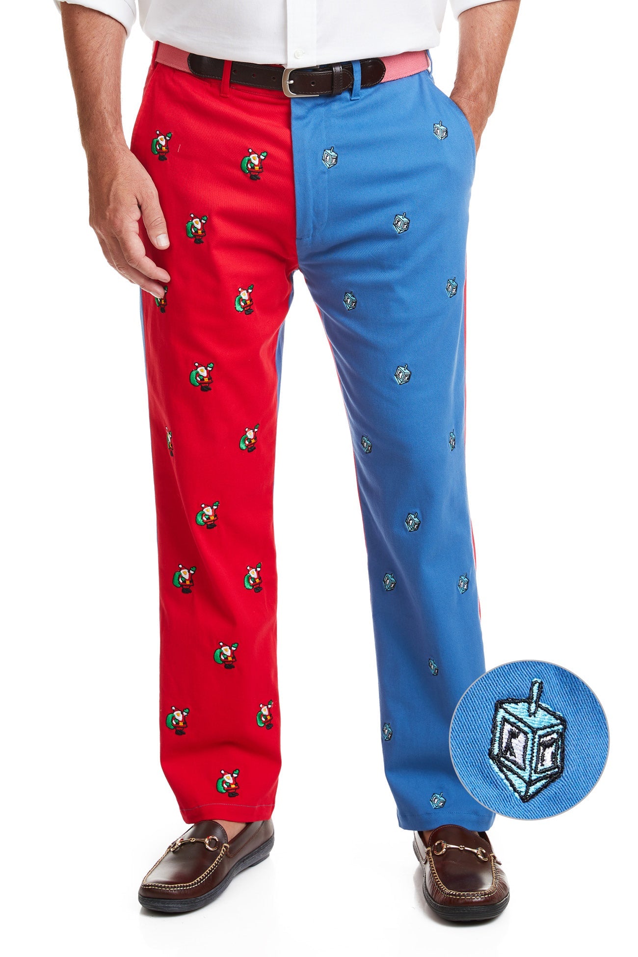 Harbor Pant Deep Ocean Blue and Bright Red Panel with Dreidel and Santa MENS EMBROIDERED PANTS Castaway Nantucket Island