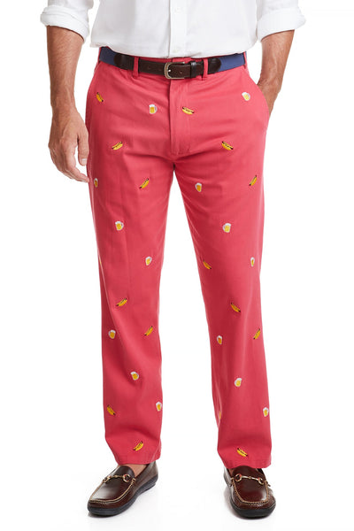 Harbor Pant Hurricane Red with Hot Dog & Beer MENS EMBROIDERED PANTS Castaway Nantucket Island