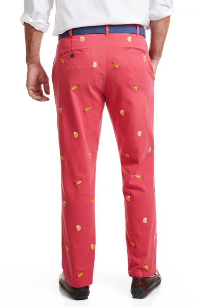 Harbor Pant Hurricane Red with Hot Dog & Beer MENS EMBROIDERED PANTS Castaway Nantucket Island