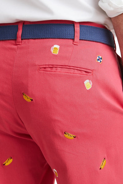 Harbor Pant Hurricane Red with Hot Dog & Beer MENS EMBROIDERED PANTS Castaway Nantucket Island