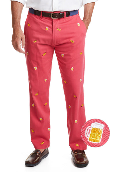 Harbor Pant Hurricane Red with Hot Dog & Beer MENS EMBROIDERED PANTS Castaway Nantucket Island