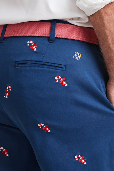 Harbor Pant Nantucket Navy with Candy Cane MENS EMBROIDERED PANTS Castaway Nantucket Island