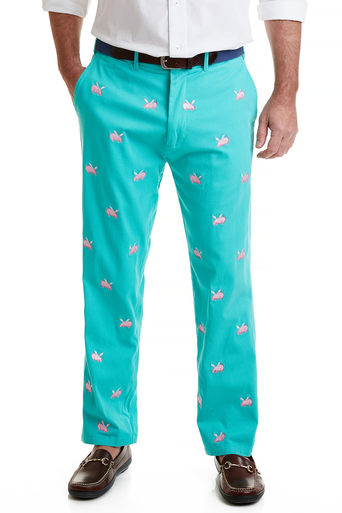 Harbor Pant Stretch Twill Aquatic Green with Flying Pig MENS EMBROIDERED PANTS Castaway Nantucket Island