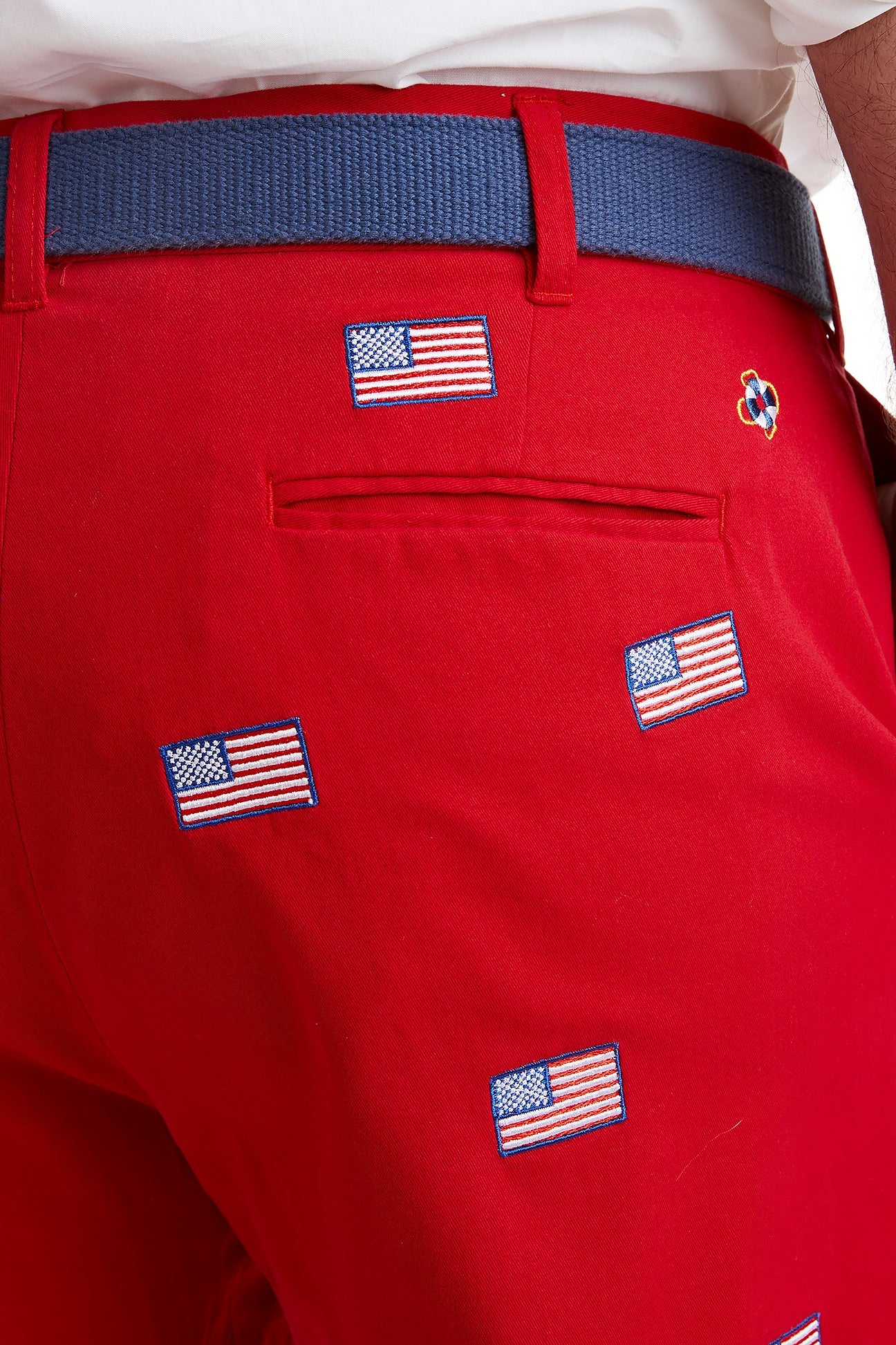 Harbor Pant Stretch Twill Bright Red with American Flag MENS EMBROIDERED PANTS Castaway Nantucket Island