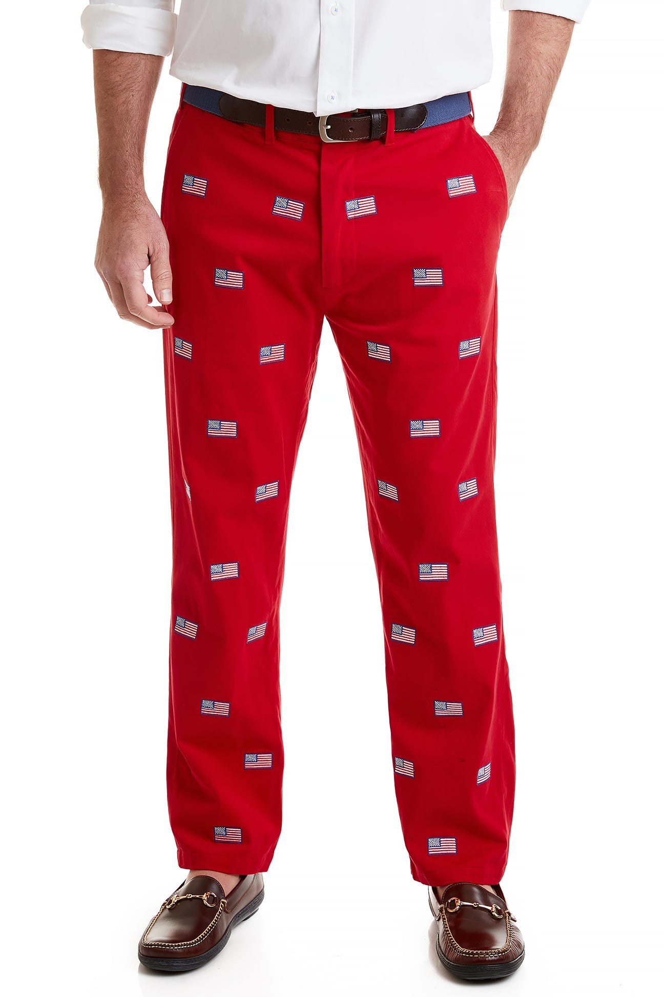 Harbor Pant Stretch Twill Bright Red with American Flag MENS EMBROIDERED PANTS Castaway Nantucket Island