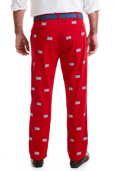 Harbor Pant Stretch Twill Bright Red with American Flag MENS EMBROIDERED PANTS Castaway Nantucket Island