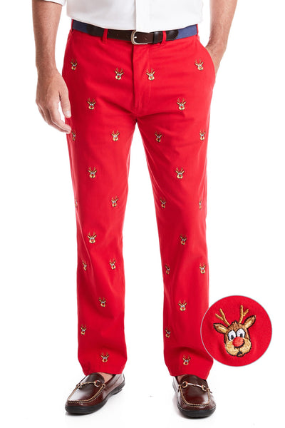 Harbor Pant Stretch Twill Bright Red with Rudolph MENS EMBROIDERED PANTS Castaway Nantucket Island