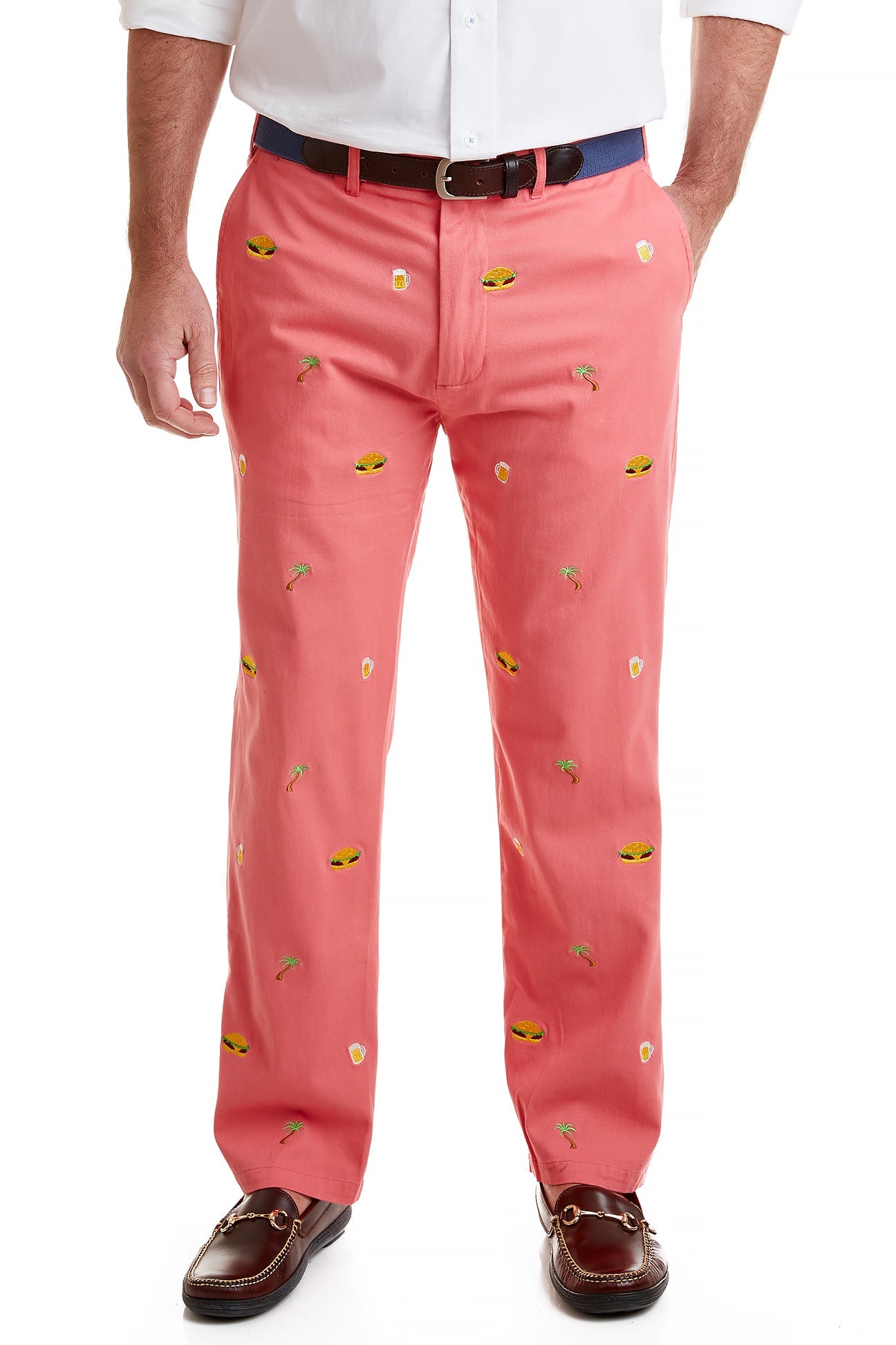 Harbor Pant Stretch Twill Sunset Coral with Seeking Paradise MENS EMBROIDERED PANTS Castaway Nantucket Island