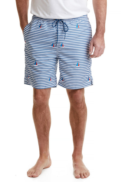 Sandbar Swim Suit Blue Stripe with Americana Sailboat MENS SWIM Castaway Nantucket Island