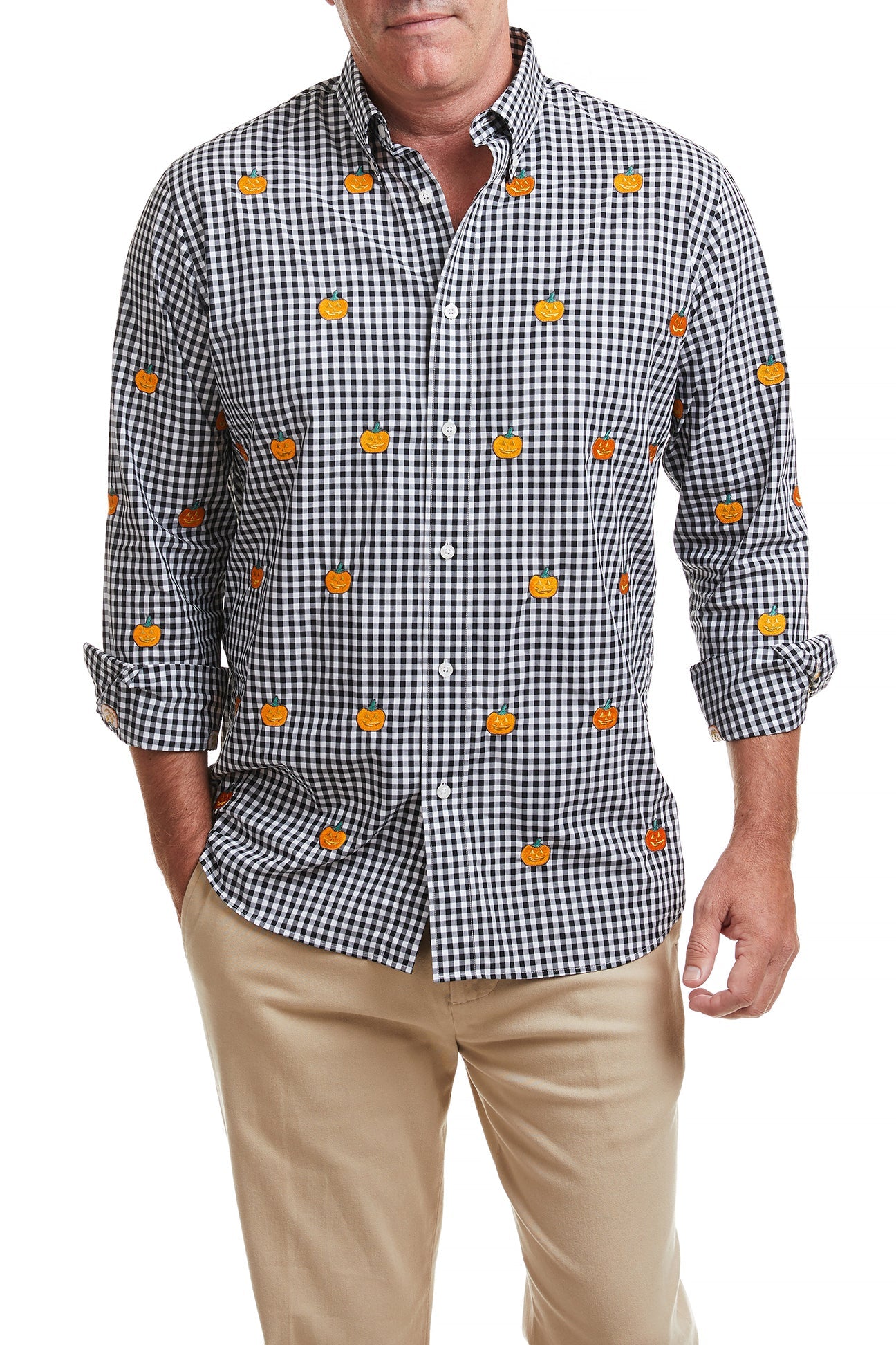 Straight Wharf Shirt Wide Gingham Black with Jack O'Lantern MENS SPORT SHIRTS Castaway Nantucket Island