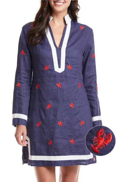 Tunic Dress Navy Linen with Lobster TUNICS & DRESSES Castaway Nantucket Island