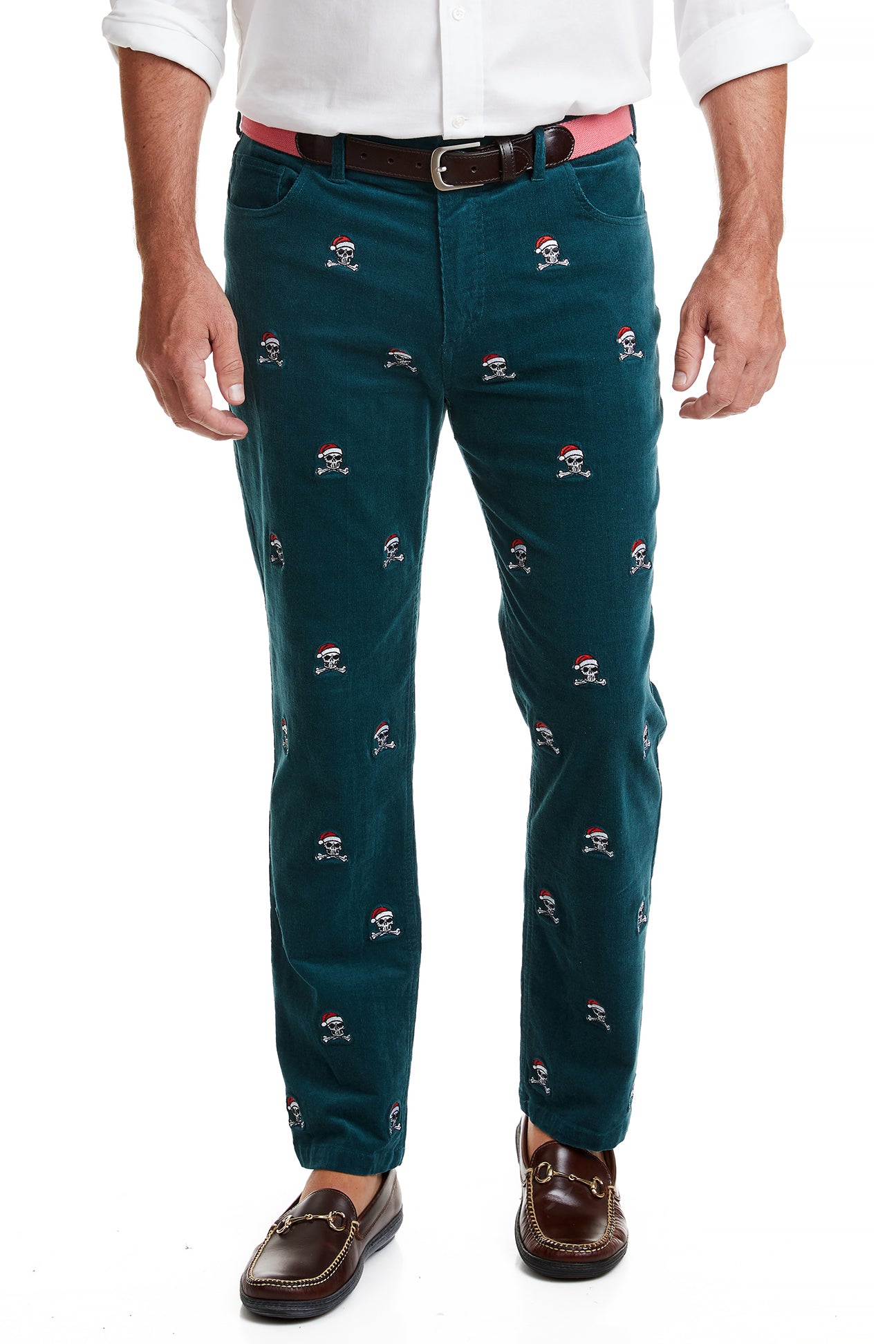 Wayfarer 5-Pocket Pinwale Corduroy Pant Hunter with Christmas Jolly Roger MENS EMBROIDERED PANTS Castaway Nantucket Island