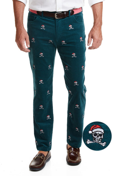 Wayfarer 5-Pocket Pinwale Corduroy Pant Hunter with Christmas Jolly Roger MENS EMBROIDERED PANTS Castaway Nantucket Island