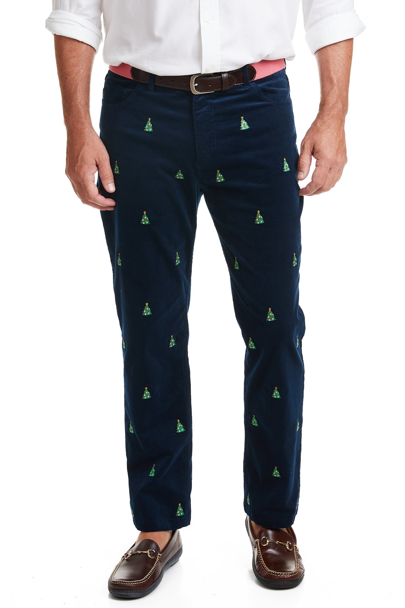 Wayfarer 5-Pocket Pinwale Corduroy Pant Nantucket Navy with Christmas Tree MENS EMBROIDERED PANTS Castaway Nantucket Island