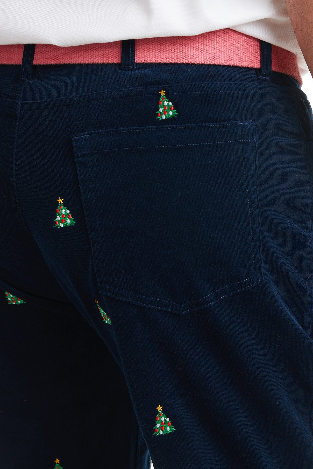 Wayfarer 5-Pocket Pinwale Corduroy Pant Nantucket Navy with Christmas Tree MENS EMBROIDERED PANTS Castaway Nantucket Island