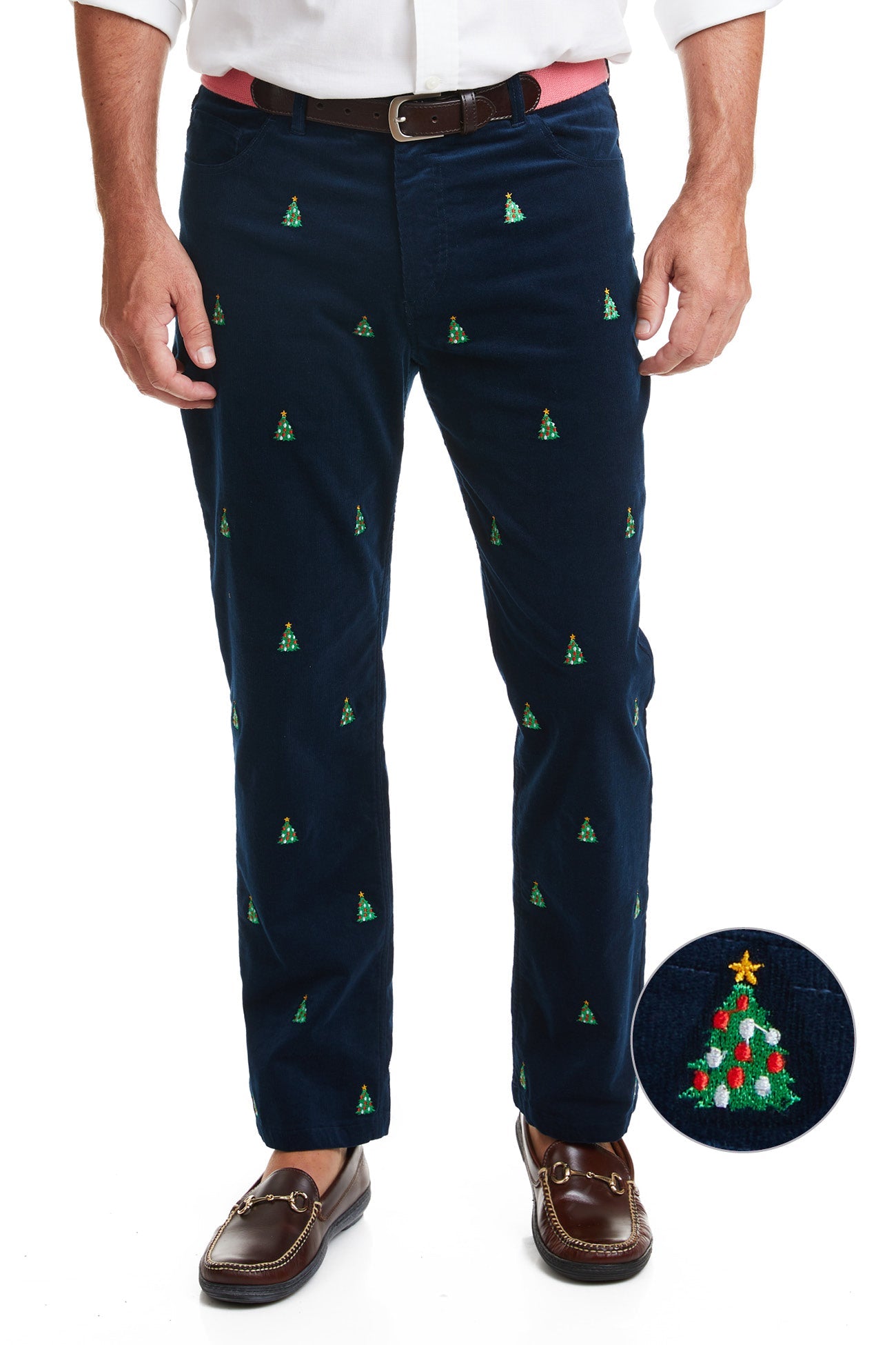 Wayfarer 5-Pocket Pinwale Corduroy Pant Nantucket Navy with Christmas Tree MENS EMBROIDERED PANTS Castaway Nantucket Island