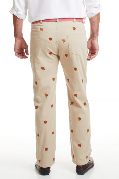 Wayfarer 5-Pocket Stretch Twill Pant Khaki with Turkey MENS EMBROIDERED PANTS Castaway Nantucket Island