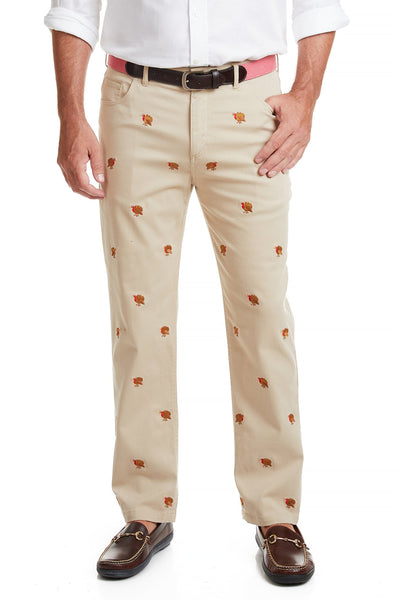 Wayfarer 5-Pocket Stretch Twill Pant Khaki with Turkey MENS EMBROIDERED PANTS Castaway Nantucket Island