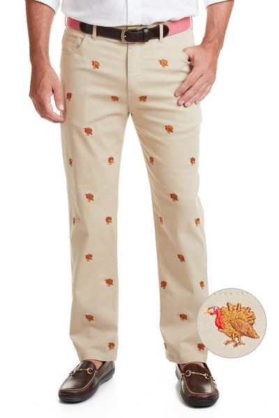 Wayfarer 5-Pocket Stretch Twill Pant Khaki with Turkey MENS EMBROIDERED PANTS Castaway Nantucket Island