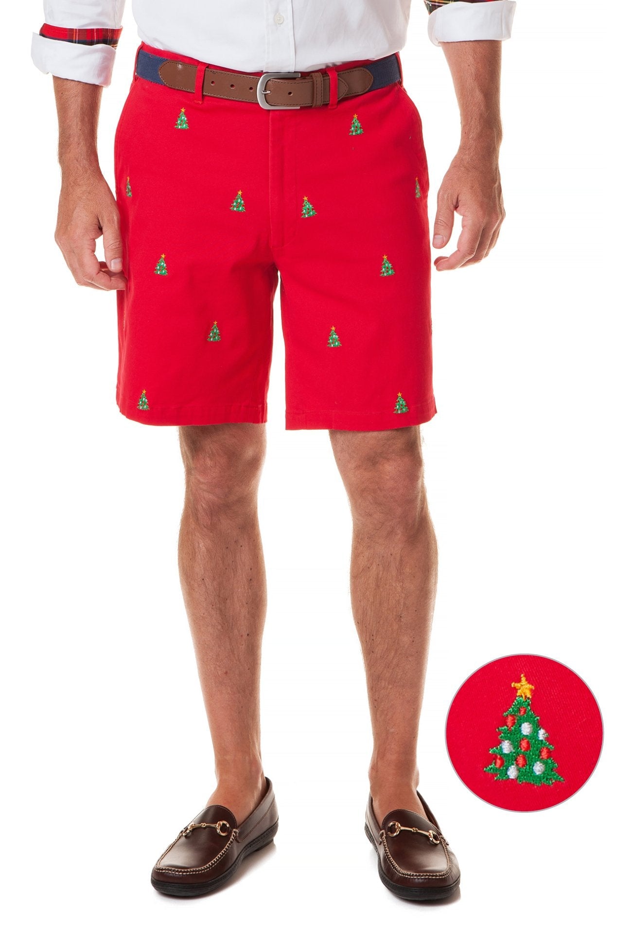 Cisco Short Stretch Twill Bright Red with Christmas Tree - MENS EMBROIDERED SHORTS - Castaway Nantucket Island